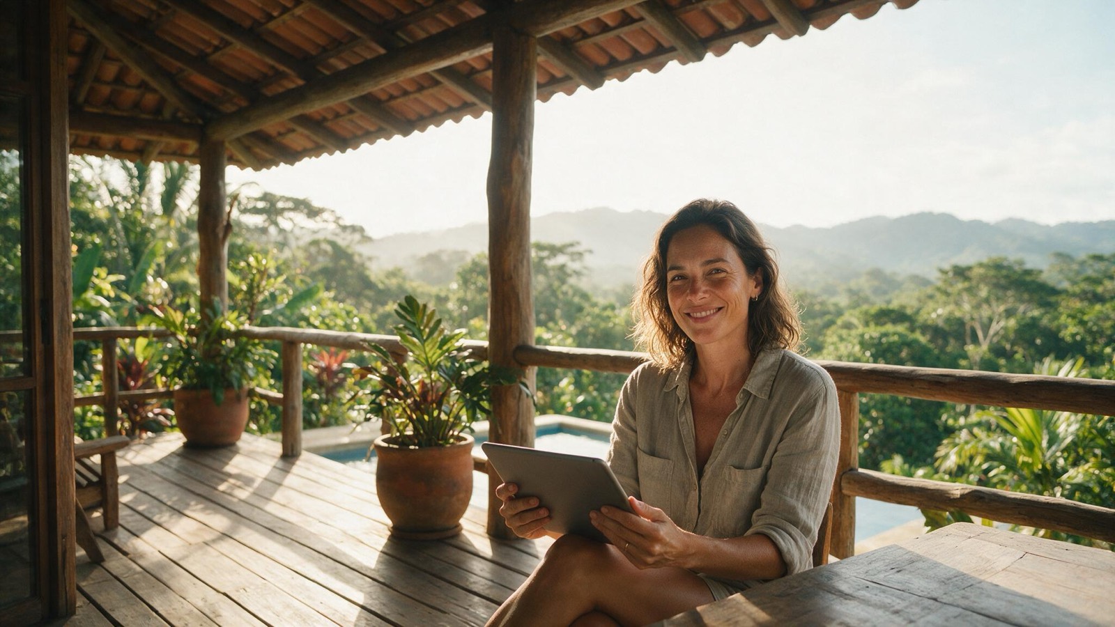 Propietaria de un alquiler en Costa Rica revisando sus facturas desde la terraza